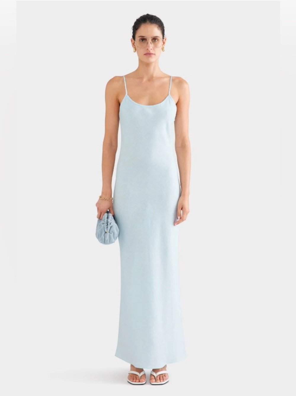Venroy 100% Linen Baby Blue Bias Cut Maxi Slip Dress Size S NWT